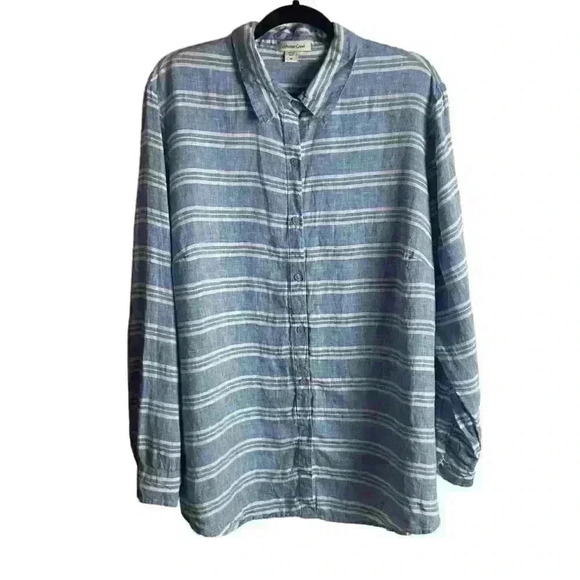 Coldwater Creek Size 1X Linen Button Down Shirt Stripes Costal Longsleeve Blue - Picture 1 of 7